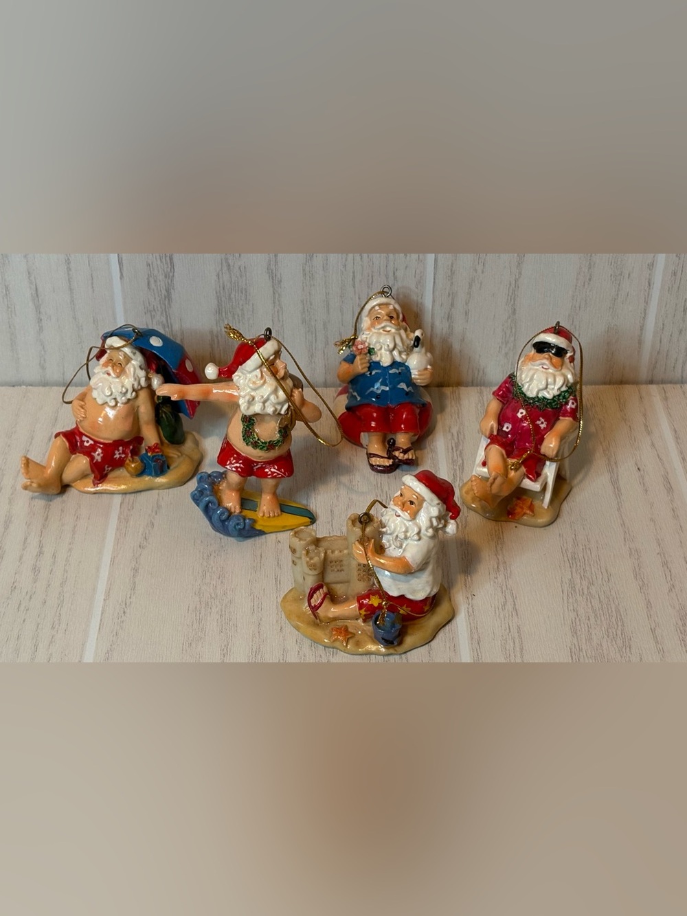 Beach Santa Claus Ornaments Set of 5 Colorful Holiday Figurines  Surfer